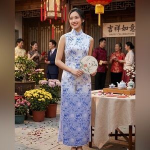 Blue Floral Maxi Qipao Dress - Sleeveless Cheongsam